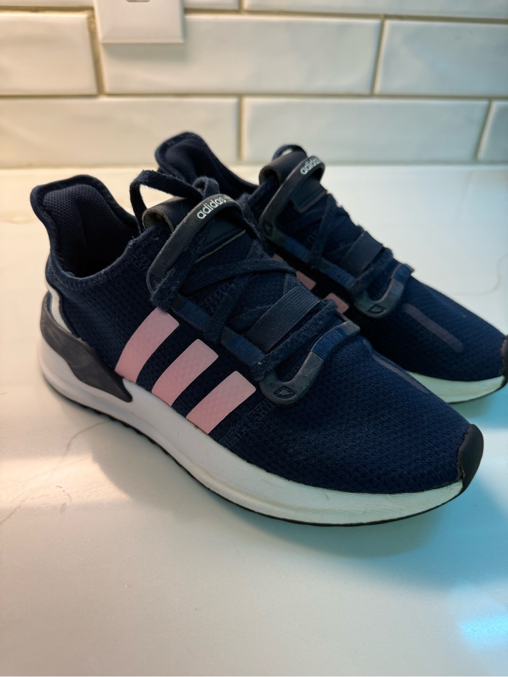 adidas Kids Navy Sneakers with Pink Stripes